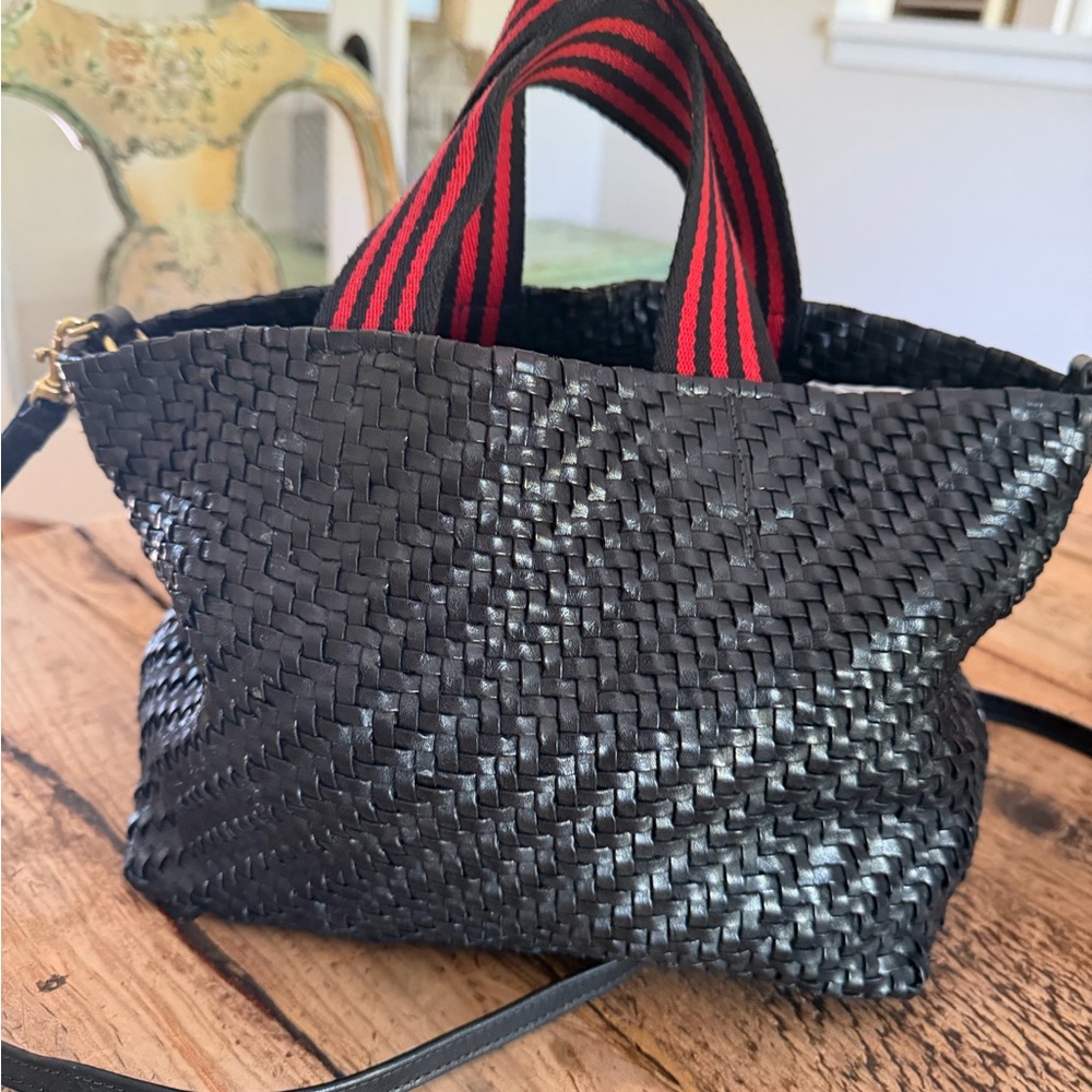 Clare V. Black Woven Handbag with Red Straps